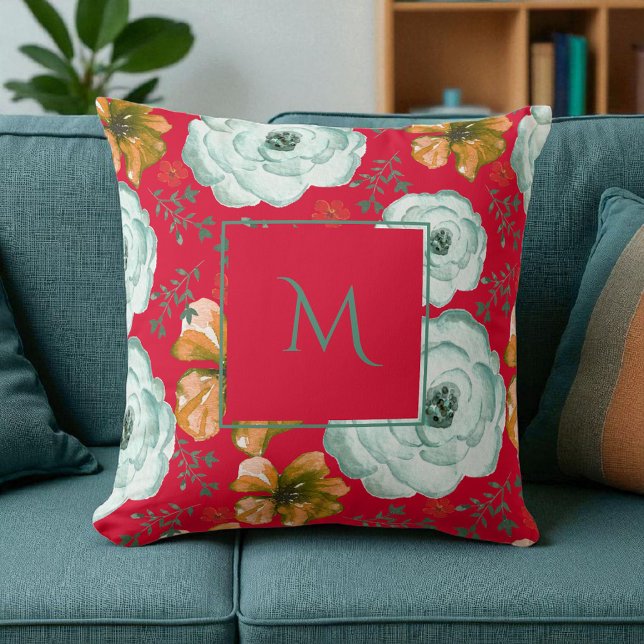 Coussin Rouge Vert aquarelle Script floral (Créateur téléchargé)