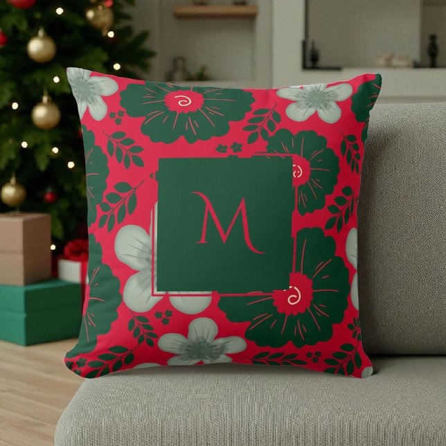 Coussin Rouge Vert aquarelle Script floral (Créateur téléchargé)