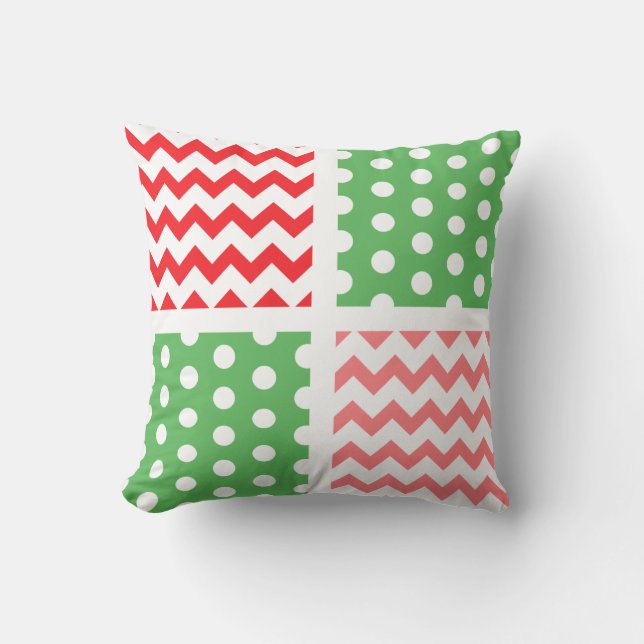 Coussin Rouge/Vert/Blanc Deux Tons Chevron/Polkadot (Recto)