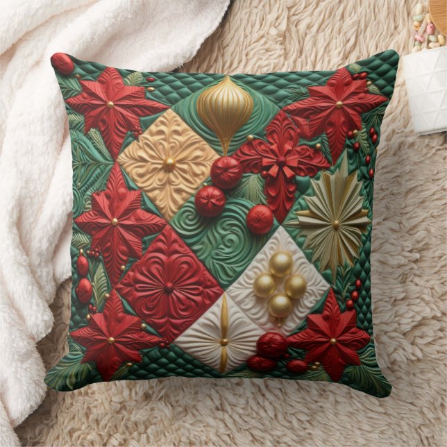 COUSSIN ROUGE VERT BLANC QUILÉ REGARDER LES BALLES DE NOËL (Couverture)