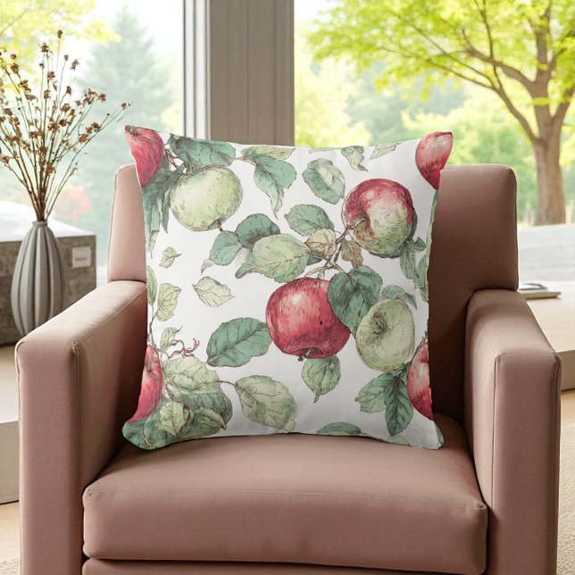 Coussin Rouge vert pomme Motif Aquarelle Russe (Red Green Apple Fruit Pattern Watercolor Rustic Throw Pillow)