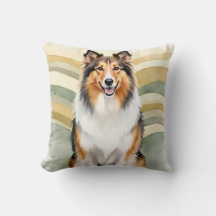 Coussin Rough Collie Aquarelle Ruban Vague Art
