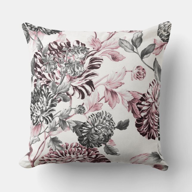 Coussin Rougissent Toile floral botanique blanc noir rose (Recto)