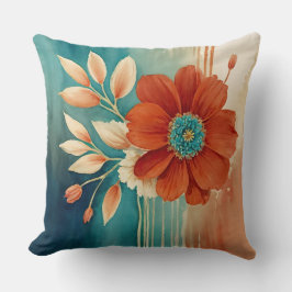 Coussin Rouille et abstrait floral turquoise
