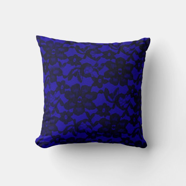 Coussin Royal Blue Floral Black Lace Jeu d'oreiller (Recto)