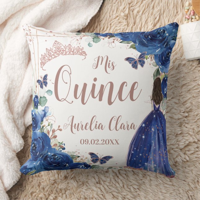 Coussin Royal Blue Floral Rose Gold Quinceanera Princess (Couverture)