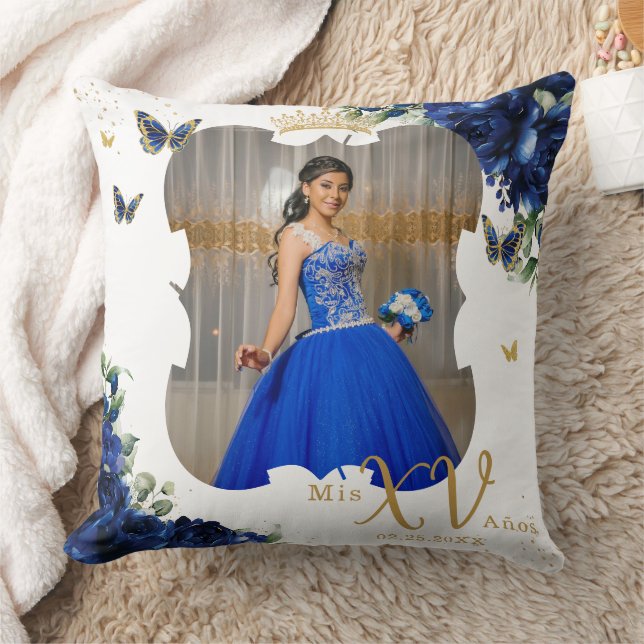Coussin Royal Blue Rose Floral Photo Quinceañera Memento (Couverture)