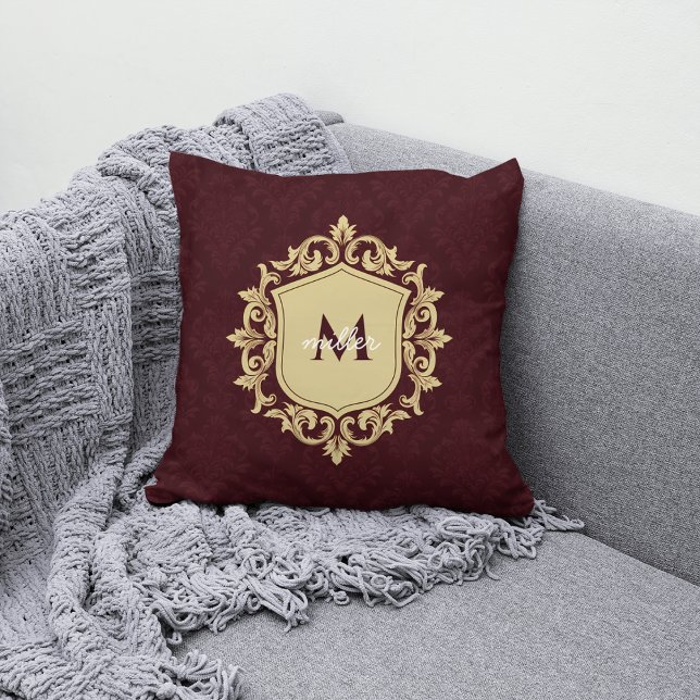 Coussin Royal Damask Ornate Crest Monogramme Nom de famill (Créateur téléchargé)