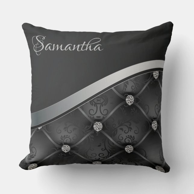 Coussin Royal Luxury Elegant Black Silver Floral (Recto)