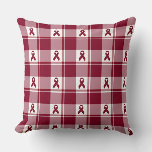 Coussin Ruban à carreaux bordeaux de sensibilisation au my