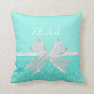 Coussin Ruban blanc d'Aqua de damassé Girly de turquoise