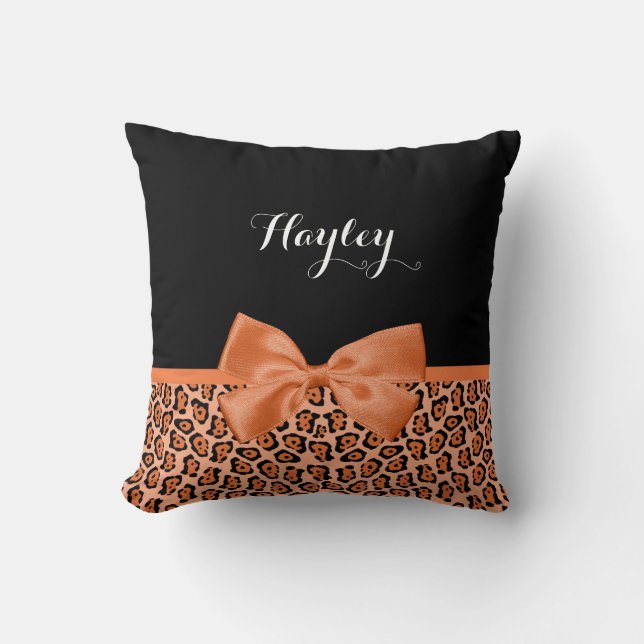 Coussin Ruban mignon Fille Orange Noir Jaguar Avec Nom (Recto)