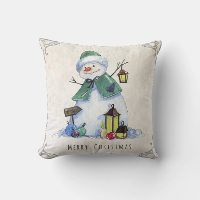 Coussin Russe aquarelle Snowman Joyeux Noël (Recto)