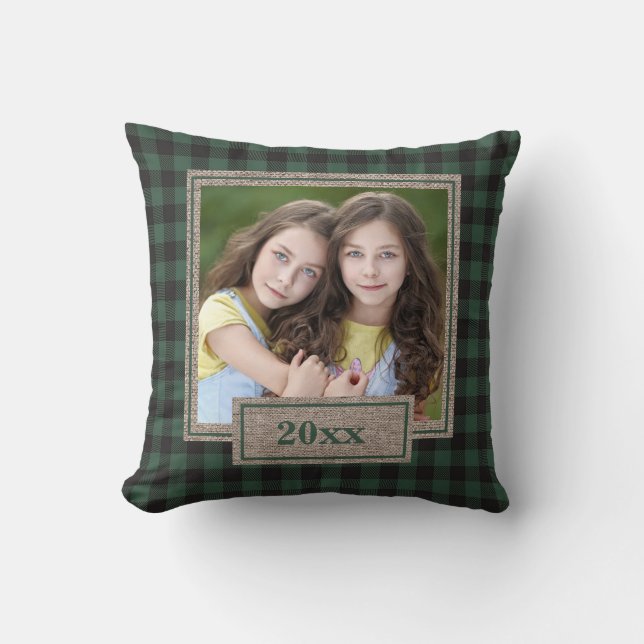 Coussin Russe Burlap Green Buffalo Plaid Photo de Noël (Recto)