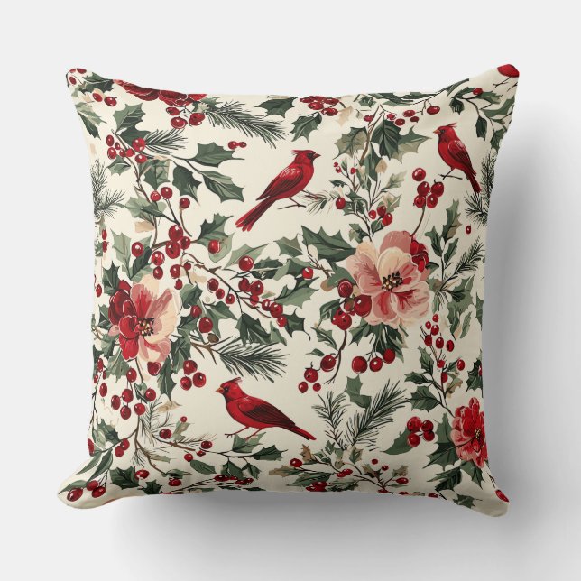 Coussin Rustic Bird et Poinsettia Motif de Noël (14) (Recto)