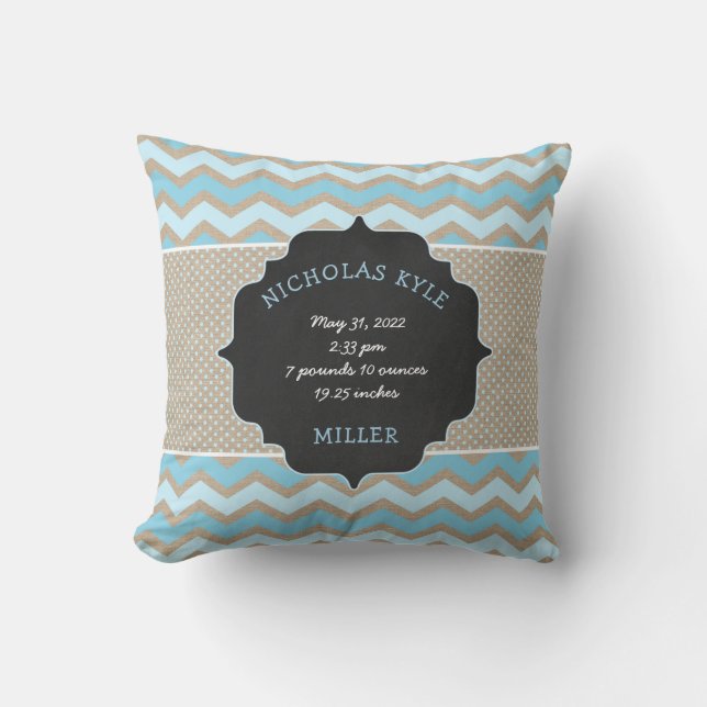 Coussin Rustic Blue bébé garçon statistiques de naissance  (Recto)