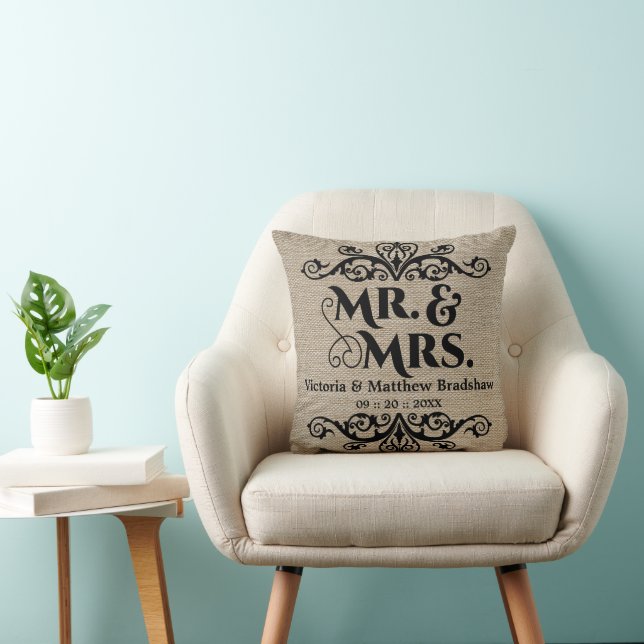 Coussin Rustic Burlap Regardez M. et Mme la Mariage (Chaise)