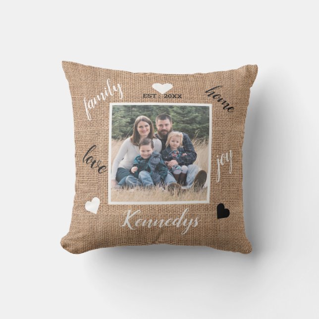 Coussin Rustic Farmhouse Burlap Nom de famille personnalis (Recto)