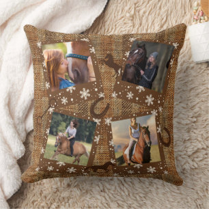 Coussin Rustic Faux Burlap Four Photo Collage Horse
