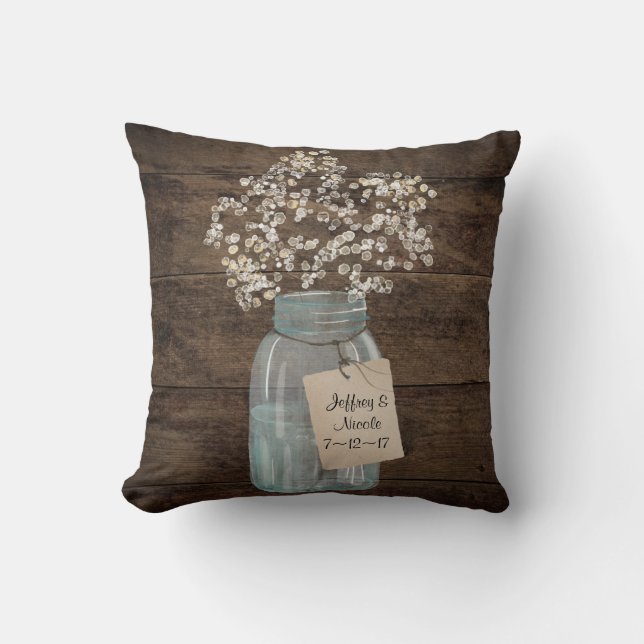Coussin Rustic Grange Mariage Wood Mason Jar Babys Respire (Recto)