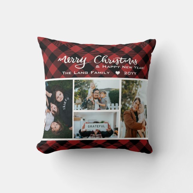 Coussin Rustic Red Black Buffalo Check Christmas Collage (Recto)
