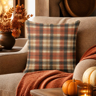 Coussin Rustique automne classique carreauté rouille crème