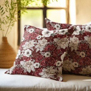 Coussin Rustique Bourgogne Crème Rose motif floral