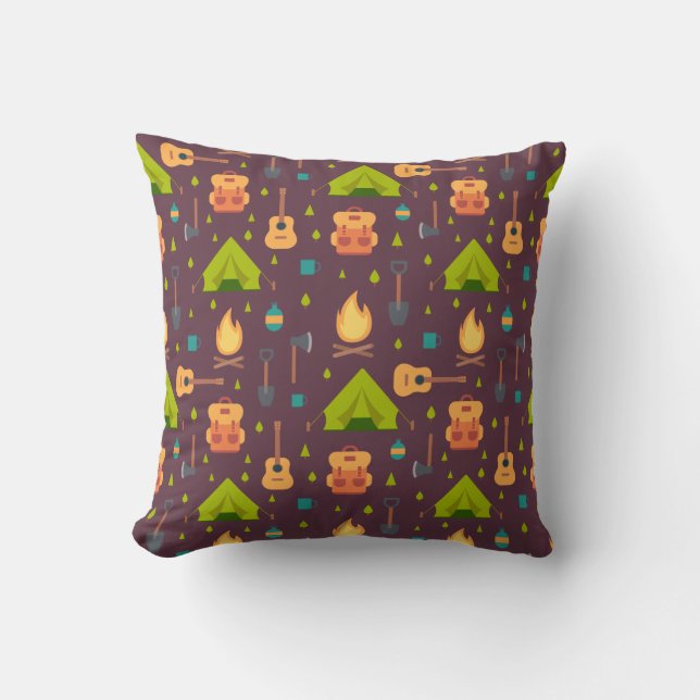 Coussin Rustique Brown Camping Tentes Motifs et Guitares (Recto)