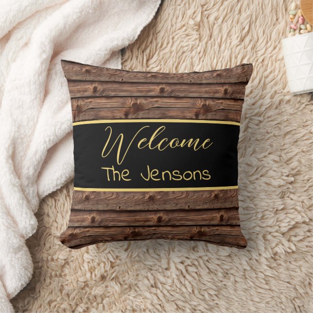 Coussin Rustique Brown Patiné Faux Wood Welcome (Couverture)