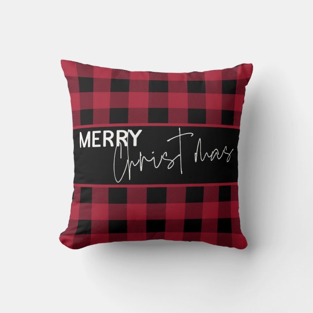 Coussin Rustique Buffalo Plaid Joyeux Noël Script moderne (Recto)