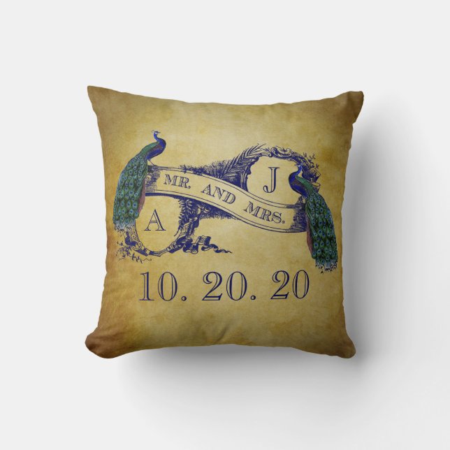 Coussin rustique d'amoureux de mariage de paon (Recto)
