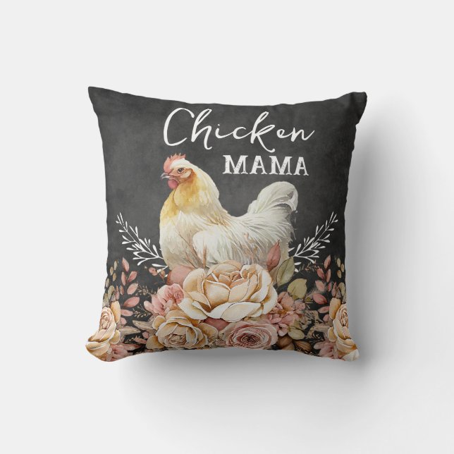 Coussin Rustique Floral Aquarelle Poulet Mama (Recto)