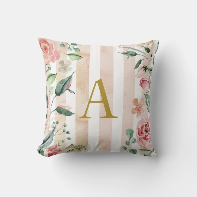 Coussin Rustique, français, bonbon rose rayé floral (Recto)