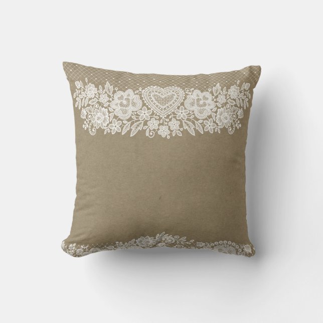 Coussin Rustique Kraft & dentelle blanche Farmhouse Chic (Recto)