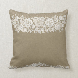 Coussin Rustique Kraft & dentelle blanche Farmhouse Chic