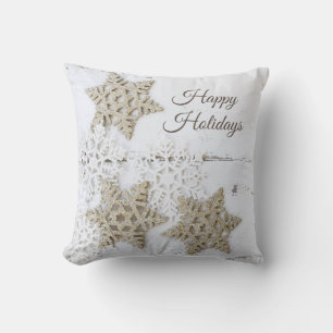 Coussin Rustique Simple Snowflake Blanc Joyeux Vacances