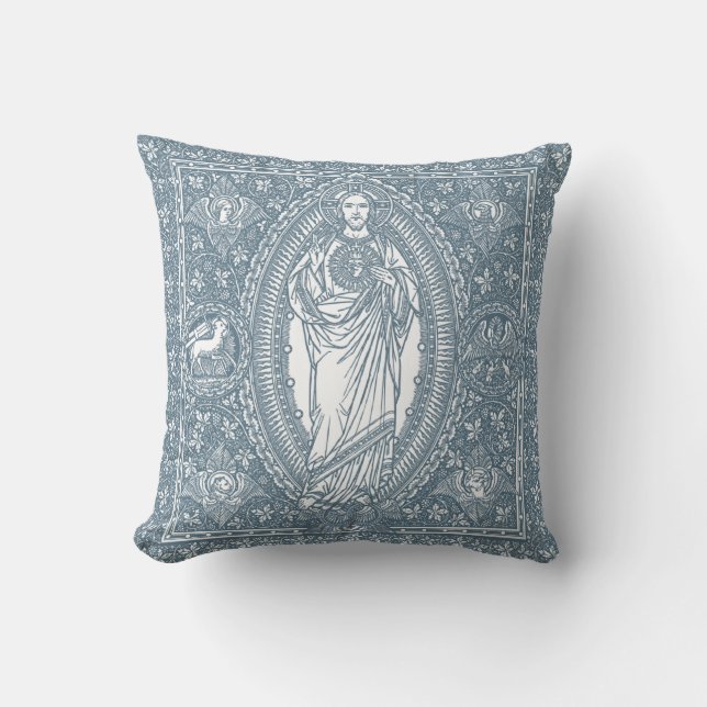 Coussin Sacré Coeur de Jésus Bleu Blanc Élégant (Recto)