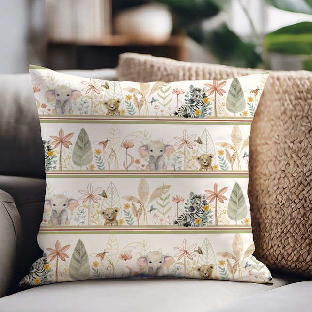 Coussin Safari Elephant Lion Zebra Jungle Foliage Baby Boy (Créateur téléchargé)