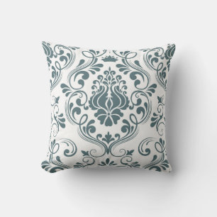 Coussin Sage bleu et blanc Damas motif floral élégant
