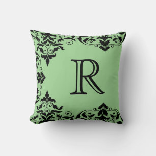 Coussin Sage Green & Black Monogram Damask