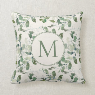 Coussin Sage Green Eucalyptus Feuille crème Monogramme