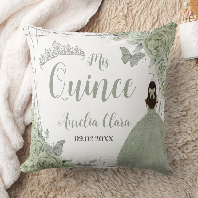Coussin Sage Green Floral Princesse Argent 15 Quinceañera (Couverture)