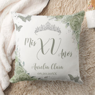 Coussin Sage Green Floral Quinceanera XV 15 Papillons
