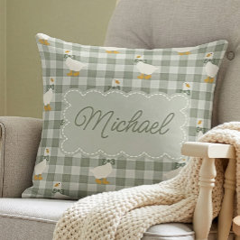 Coussin Sage Green Gingham Goose Custom Name Nursery