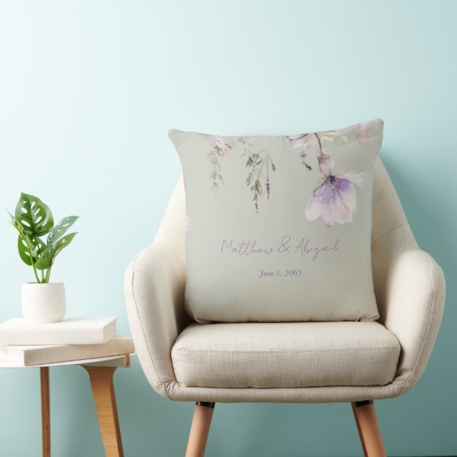 Coussin Sage & Lavender Floral Mariage Personnalisé (Chaise)