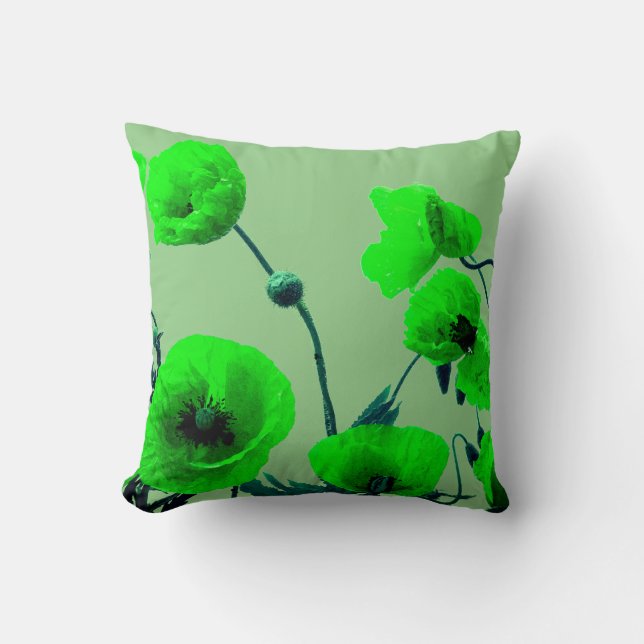 Coussin Sage Neon Vert Floral Aquarelle Pavot Fleurs (Recto)