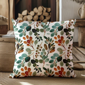 Coussin Sage vert brun feuilles sarcelle automne