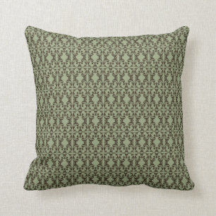 Coussin sage vert olive et brun motif damassé orné