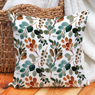 Coussin Sage vert rouille feuilles vertes blanches automne
