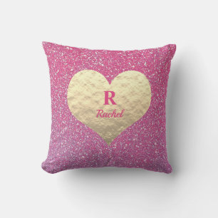 Coussin Saint-Valentin Cœur Monogramme Or Rose Pailleté